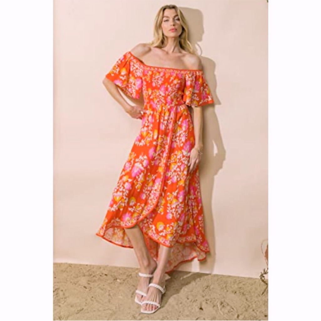 Flying Tomato | Vacation Vibes Off The Shoulder Hi Low Smocked Dress New Large — image 7 of 8
